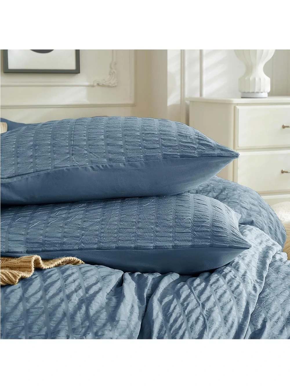NEW JELLYMONI Sierra Blue Seersucker Duvet Cover Set. Breathable w/Zipper. Queen